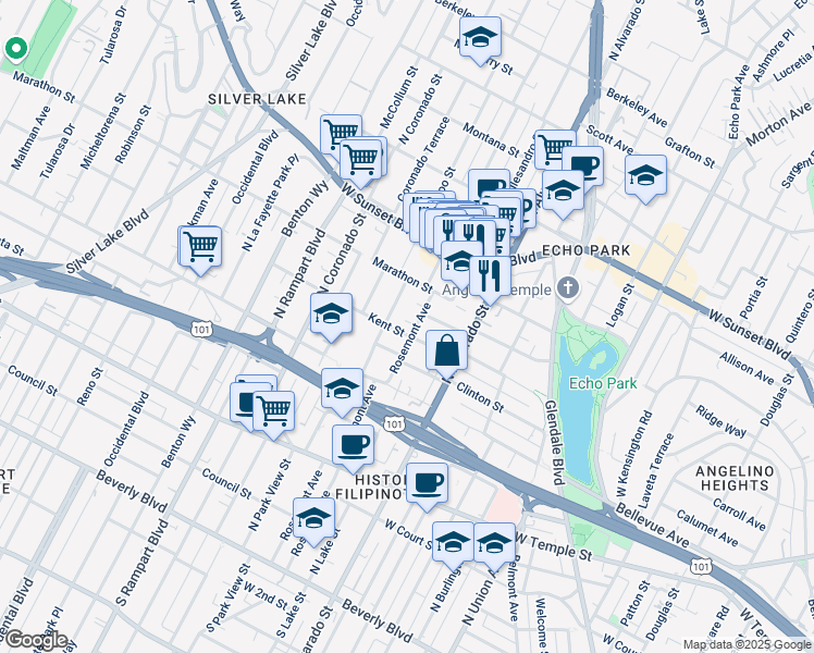 map of restaurants, bars, coffee shops, grocery stores, and more near 805 Rosemont Avenue in Los Angeles