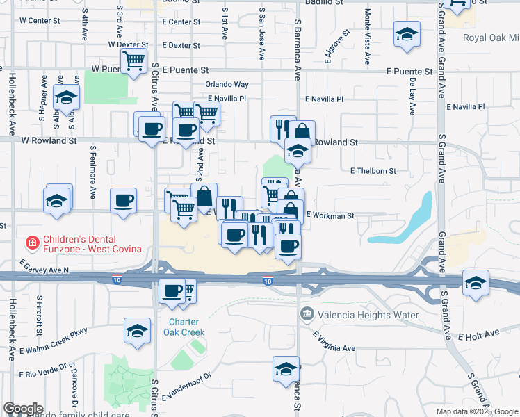 map of restaurants, bars, coffee shops, grocery stores, and more near 778 South San Antonio Drive in Covina