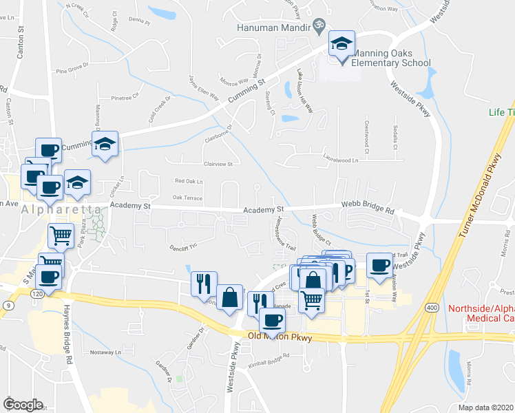 map of restaurants, bars, coffee shops, grocery stores, and more near 1017 Poplar Ridge Run in Alpharetta