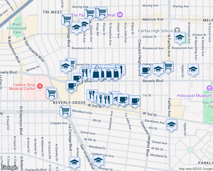 map of restaurants, bars, coffee shops, grocery stores, and more near 136 North Flores Street in Los Angeles