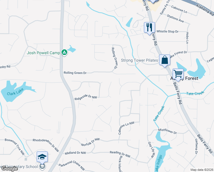 map of restaurants, bars, coffee shops, grocery stores, and more near 1176 Ridgeside Drive Northwest in Acworth