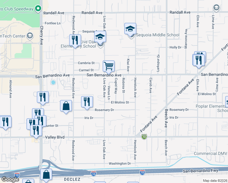 map of restaurants, bars, coffee shops, grocery stores, and more near 9818 Cupid Way in Fontana
