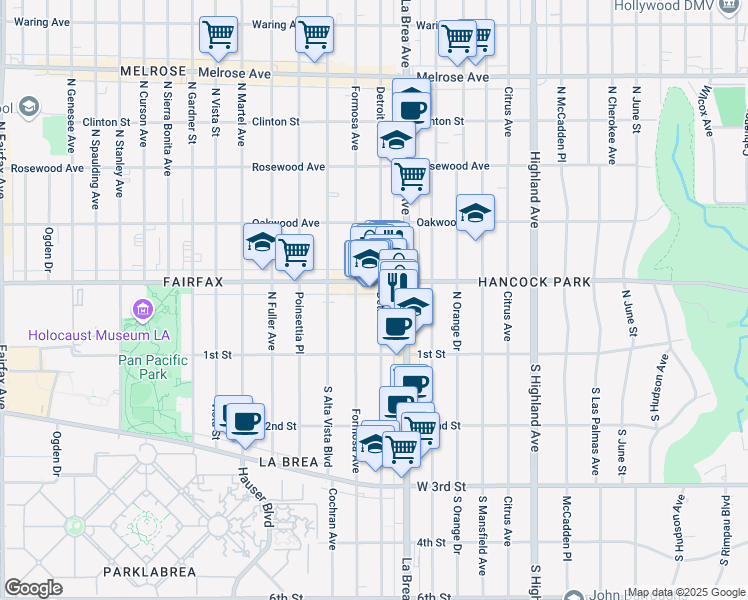 map of restaurants, bars, coffee shops, grocery stores, and more near 167 North Detroit Street in Los Angeles