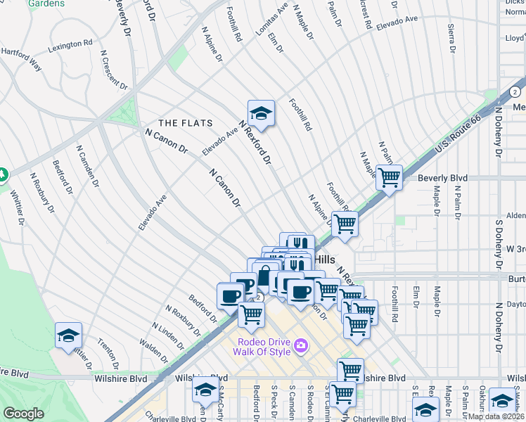 map of restaurants, bars, coffee shops, grocery stores, and more near 527 North Crescent Drive in Beverly Hills