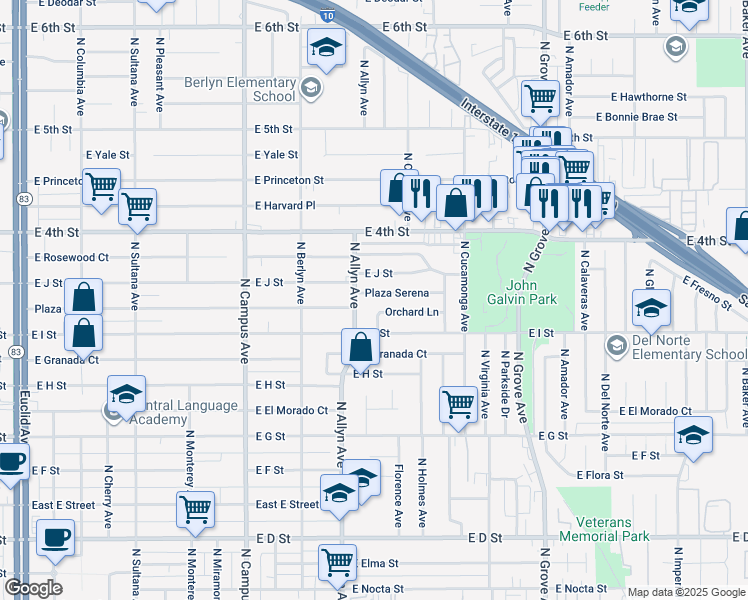 map of restaurants, bars, coffee shops, grocery stores, and more near 928 Plaza Serena in Ontario