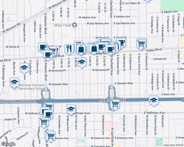 map of restaurants, bars, coffee shops, grocery stores, and more near 1610 South 4th Street in Alhambra