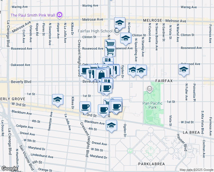 map of restaurants, bars, coffee shops, grocery stores, and more near 145 North Fairfax Avenue in Los Angeles