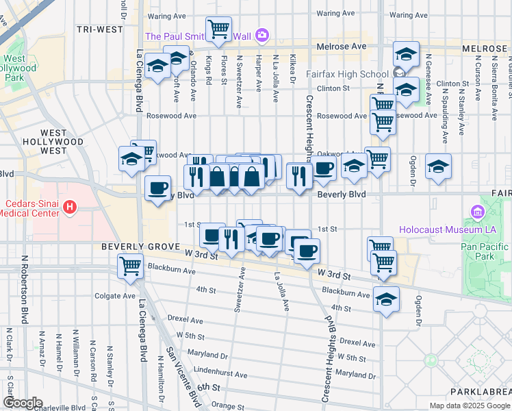 map of restaurants, bars, coffee shops, grocery stores, and more near 136 North Sweetzer Avenue in Los Angeles