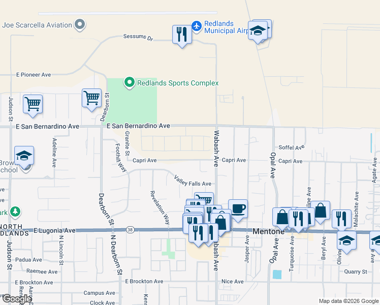 map of restaurants, bars, coffee shops, grocery stores, and more near Sandpiper Avenue in Redlands