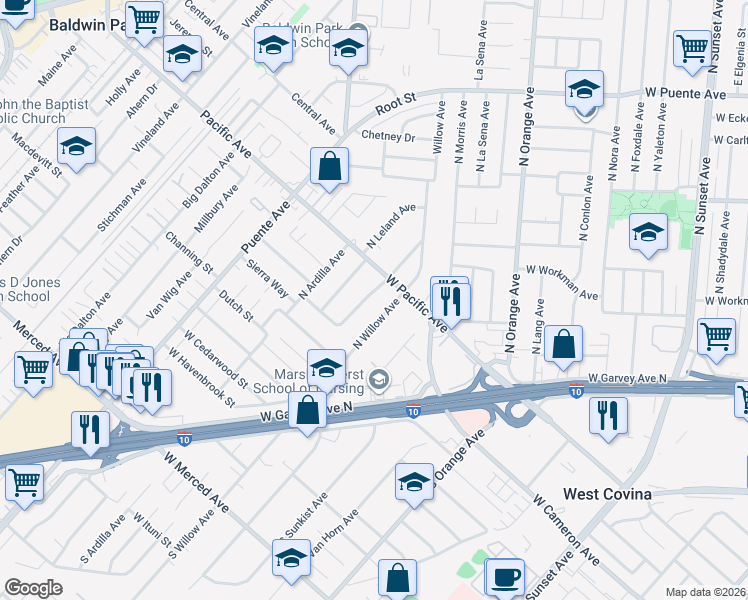 map of restaurants, bars, coffee shops, grocery stores, and more near 233 North Bromley Avenue in West Covina