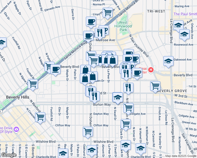 map of restaurants, bars, coffee shops, grocery stores, and more near 9029 Alden Drive in Los Angeles