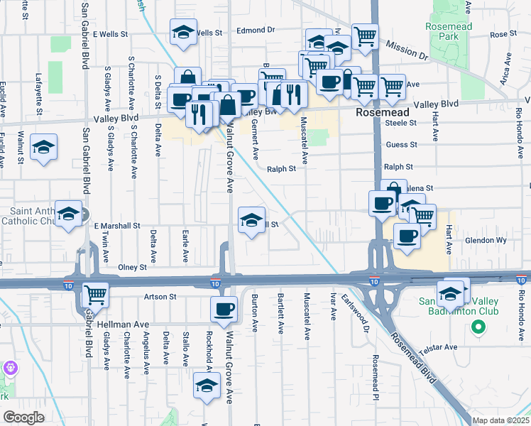 map of restaurants, bars, coffee shops, grocery stores, and more near 3719 Bartlett Avenue in Rosemead