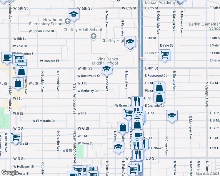 map of restaurants, bars, coffee shops, grocery stores, and more near 944 North Vine Avenue in Ontario