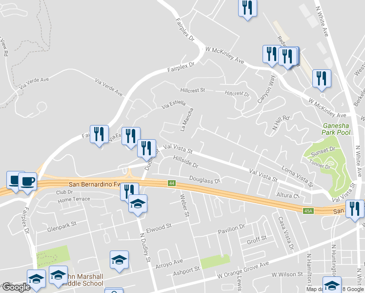 map of restaurants, bars, coffee shops, grocery stores, and more near 1385 Val Vista Street in Pomona