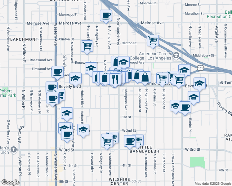 map of restaurants, bars, coffee shops, grocery stores, and more near 201 North Normandie Avenue in Los Angeles