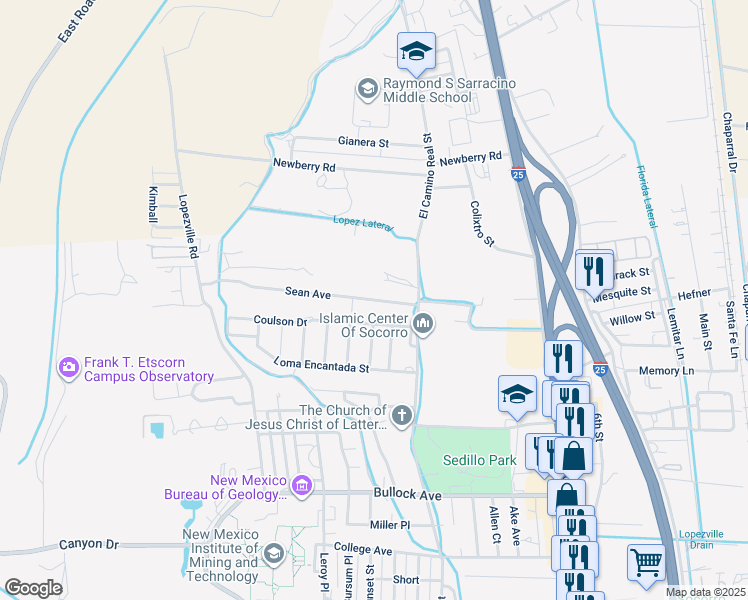 map of restaurants, bars, coffee shops, grocery stores, and more near 708 Sean Street in Socorro