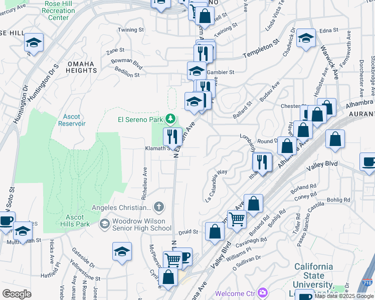 map of restaurants, bars, coffee shops, grocery stores, and more near 4818 Klamath Street in Los Angeles