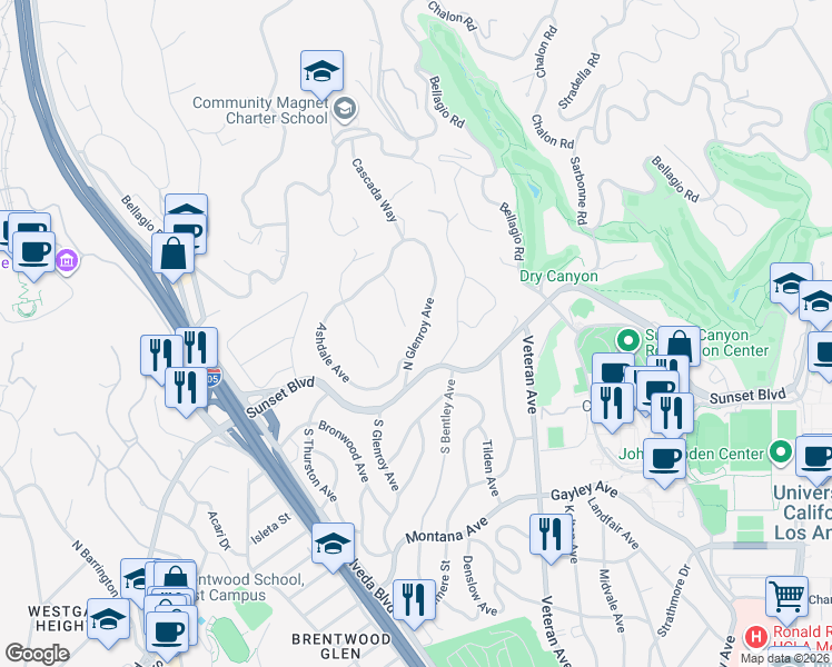 map of restaurants, bars, coffee shops, grocery stores, and more near 123 North Glenroy Avenue in Los Angeles