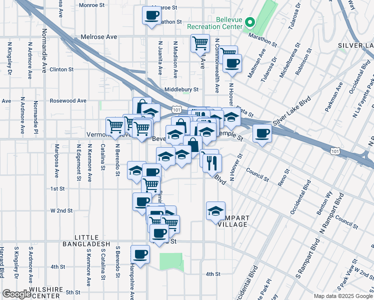 map of restaurants, bars, coffee shops, grocery stores, and more near 241 North Westmoreland Avenue in Los Angeles