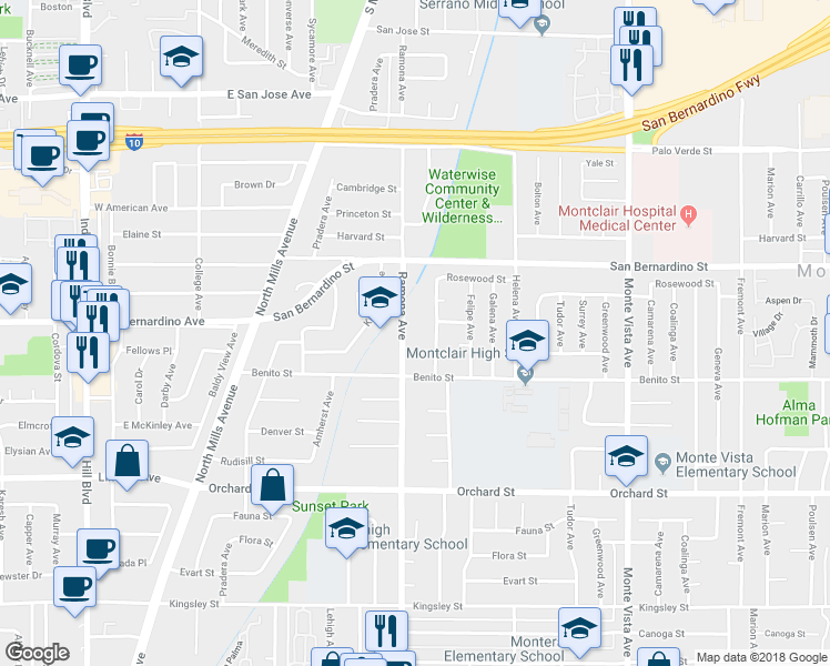 map of restaurants, bars, coffee shops, grocery stores, and more near 9823 Ramona Avenue in Montclair