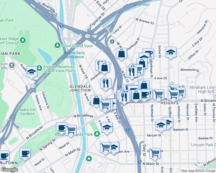 map of restaurants, bars, coffee shops, grocery stores, and more near 137 North Ave 21 in Los Angeles