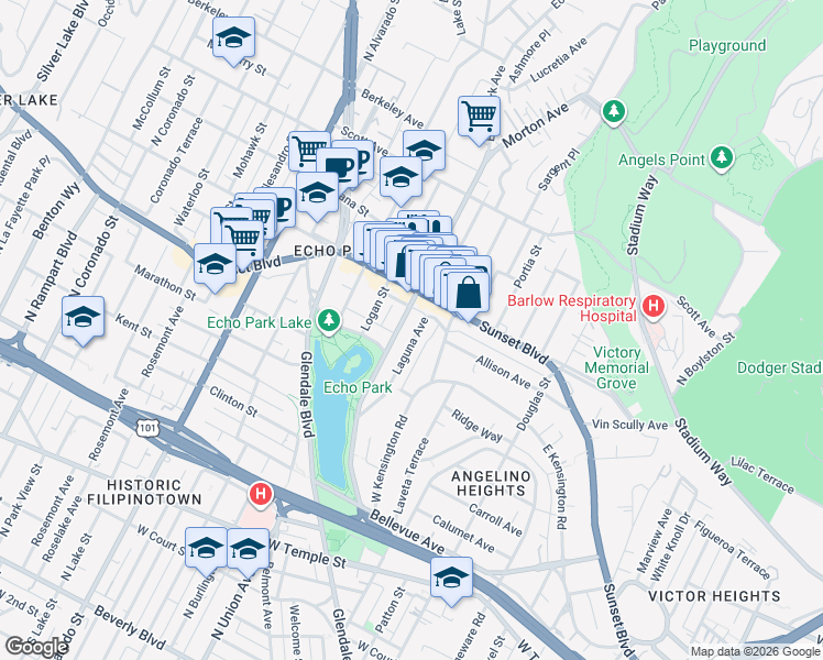 map of restaurants, bars, coffee shops, grocery stores, and more near 1065 Laguna Avenue in Los Angeles