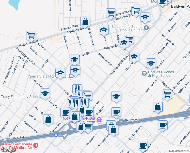 map of restaurants, bars, coffee shops, grocery stores, and more near 13559 Foster Avenue in Baldwin Park