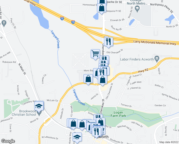 map of restaurants, bars, coffee shops, grocery stores, and more near 4215 Mastic Pointe in Acworth