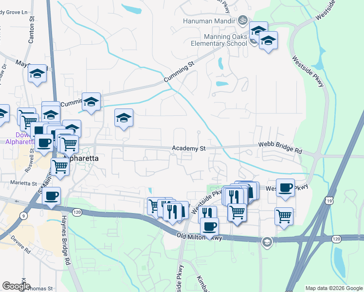 map of restaurants, bars, coffee shops, grocery stores, and more near 5000 Village Green Way in Alpharetta