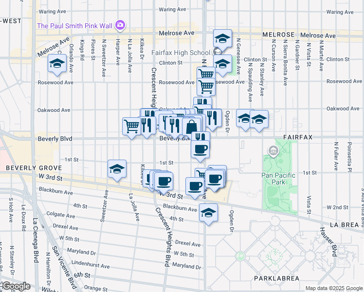map of restaurants, bars, coffee shops, grocery stores, and more near 138 North Edinburgh Avenue in Los Angeles