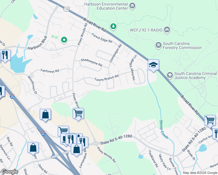 map of restaurants, bars, coffee shops, grocery stores, and more near 121 Whitwood Circle in Columbia