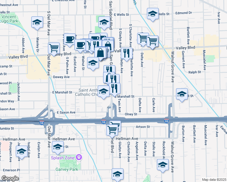 map of restaurants, bars, coffee shops, grocery stores, and more near 1848A South San Gabriel Boulevard in San Gabriel