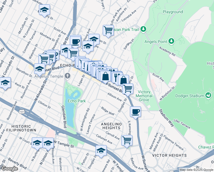 map of restaurants, bars, coffee shops, grocery stores, and more near 1498 Sunset Boulevard in Los Angeles