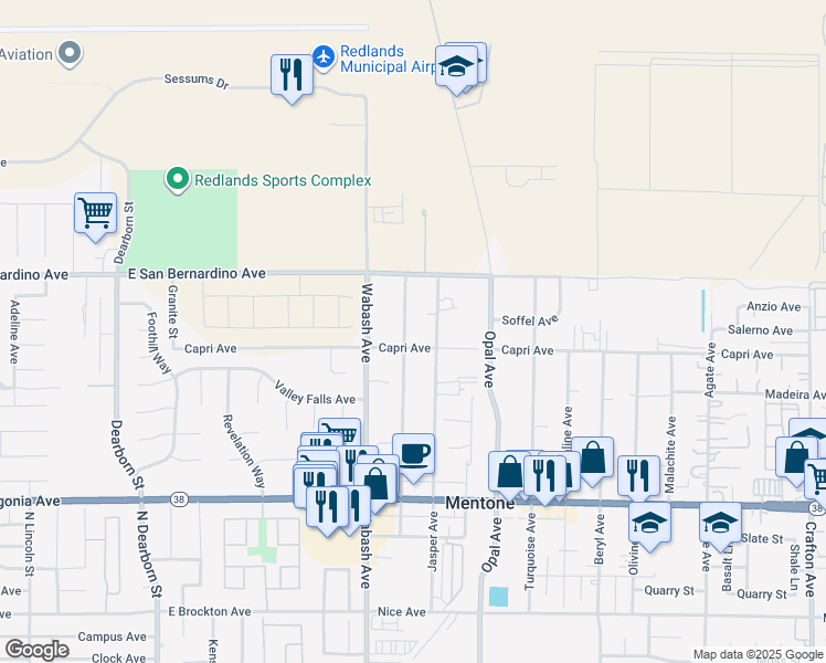 map of restaurants, bars, coffee shops, grocery stores, and more near 1376 Chrysolite Avenue in Mentone