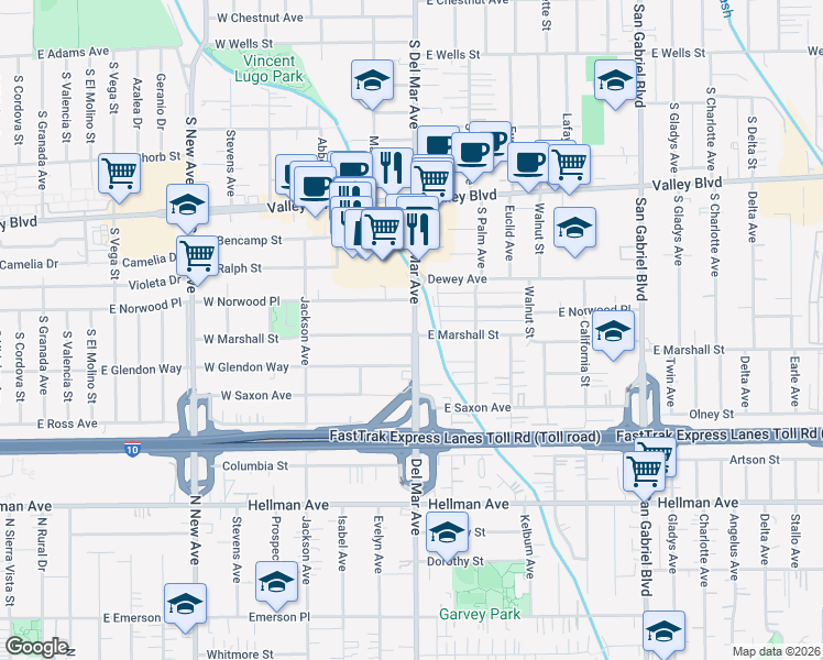 map of restaurants, bars, coffee shops, grocery stores, and more near 1851 Del Mar Avenue in San Gabriel