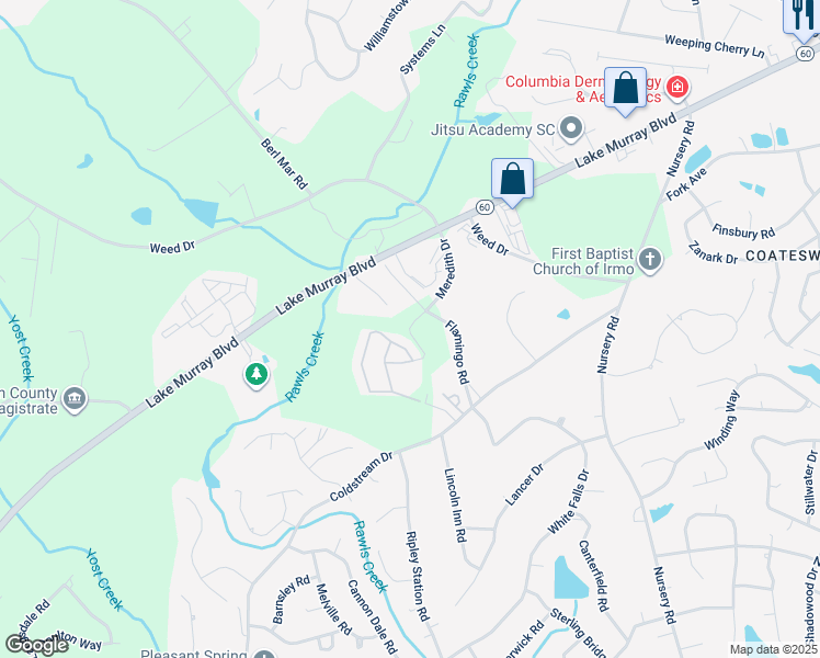 map of restaurants, bars, coffee shops, grocery stores, and more near 1220 Meredith Drive in Columbia