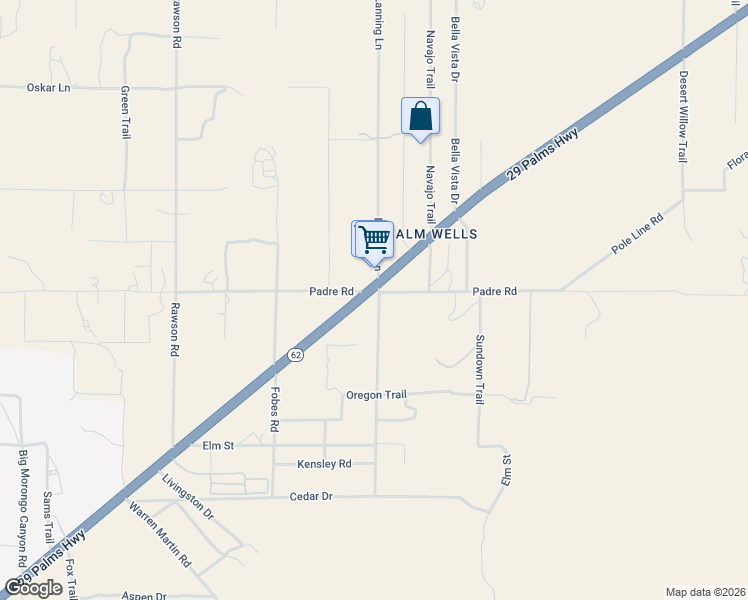map of restaurants, bars, coffee shops, grocery stores, and more near 51495 Twentynine Palms Highway in Morongo Valley