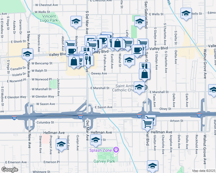 map of restaurants, bars, coffee shops, grocery stores, and more near 333 East Marshall Street in San Gabriel