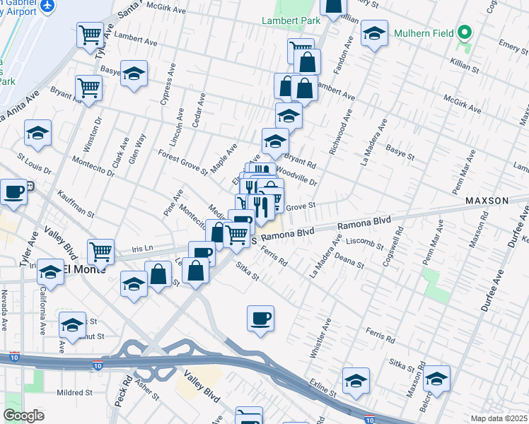 map of restaurants, bars, coffee shops, grocery stores, and more near 3856 Peck Road in El Monte
