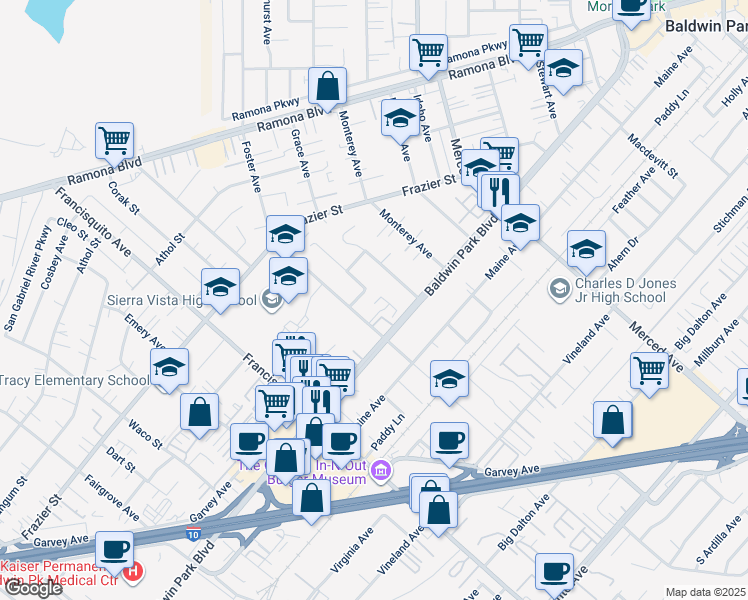 map of restaurants, bars, coffee shops, grocery stores, and more near 13639 Foster Avenue in Baldwin Park