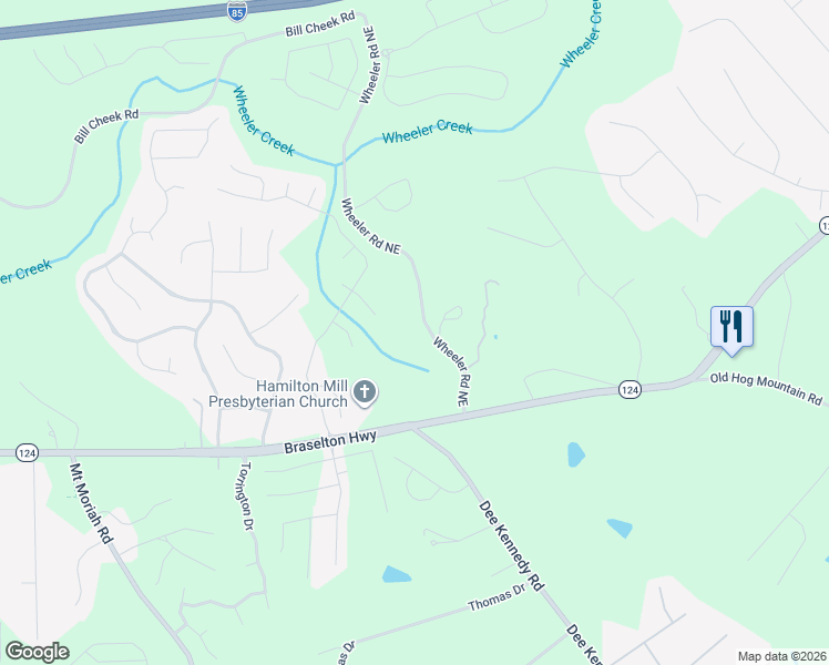 map of restaurants, bars, coffee shops, grocery stores, and more near 5735 Wheeler Road Northeast in Auburn