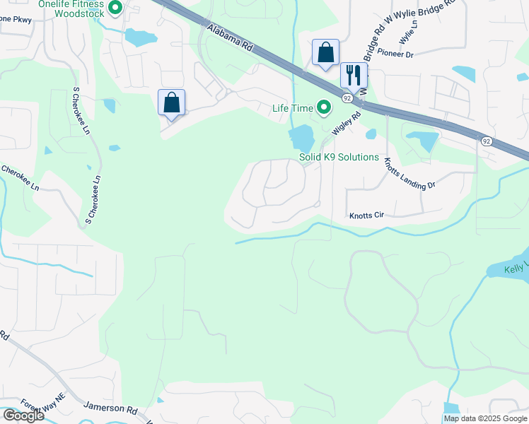 map of restaurants, bars, coffee shops, grocery stores, and more near 449 Highlands Loop in Woodstock