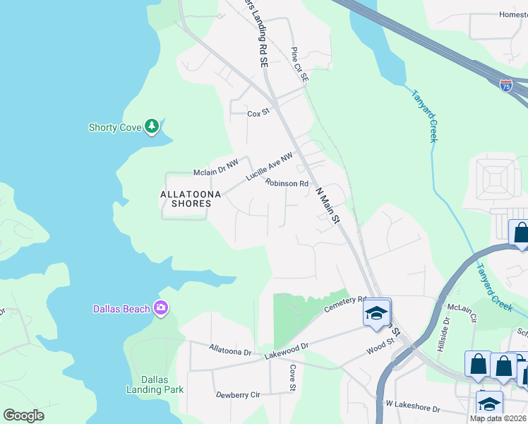 map of restaurants, bars, coffee shops, grocery stores, and more near 4963 Hampstead Lane in Acworth