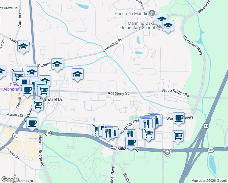 map of restaurants, bars, coffee shops, grocery stores, and more near 5000 Village Green Way in Alpharetta