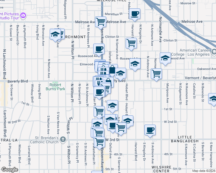 map of restaurants, bars, coffee shops, grocery stores, and more near 207 North Oxford Avenue in Los Angeles