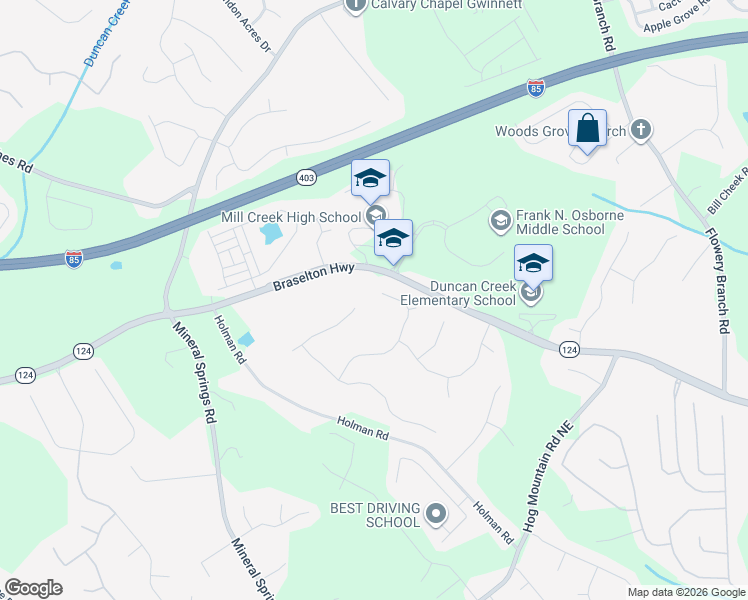 map of restaurants, bars, coffee shops, grocery stores, and more near 4384 Milford Place Northeast in Hoschton