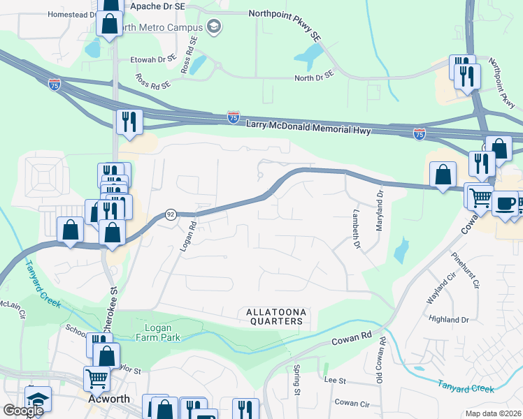 map of restaurants, bars, coffee shops, grocery stores, and more near 4022 Snowshoe Court in Acworth