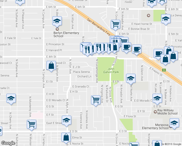 map of restaurants, bars, coffee shops, grocery stores, and more near 1044 Plaza Serena in Ontario