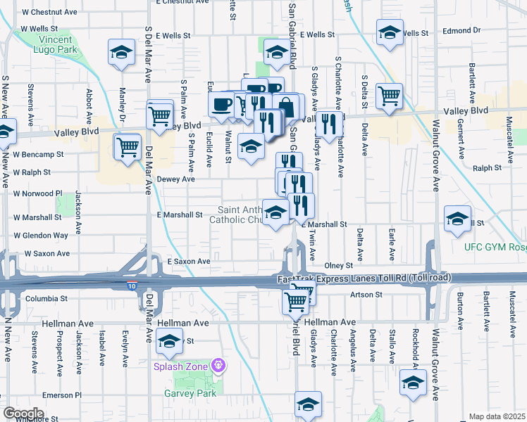 map of restaurants, bars, coffee shops, grocery stores, and more near 1850 California Street in San Gabriel