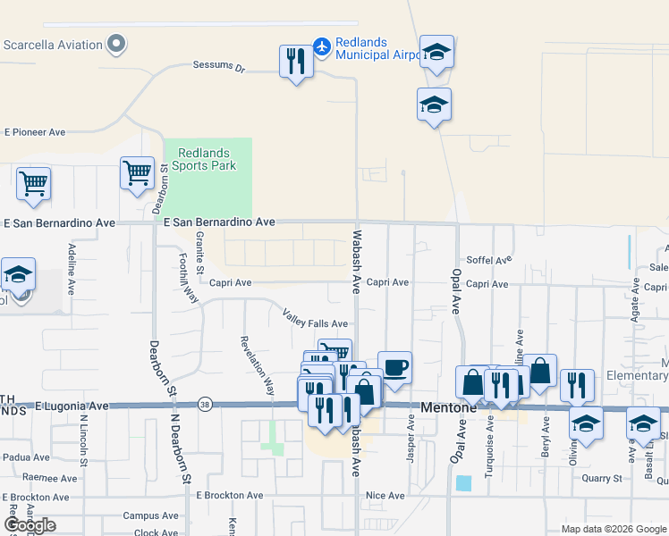 map of restaurants, bars, coffee shops, grocery stores, and more near 1780 Capri Avenue in Redlands